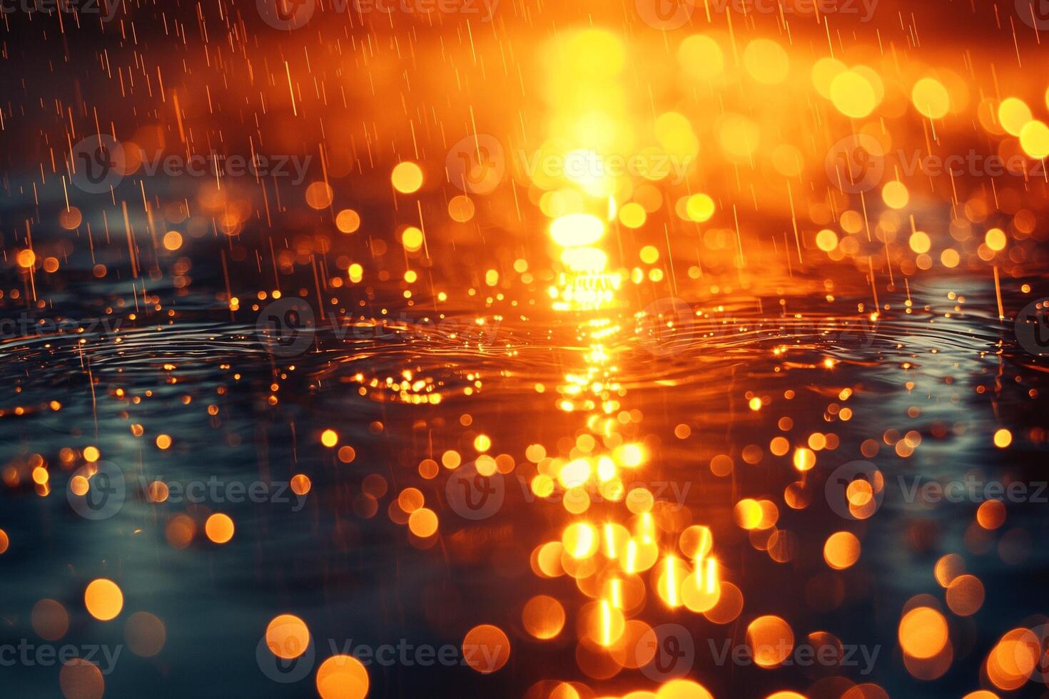 Captivating golden rain reflections create a mesmerizing atmosphere over tranquil water. photo