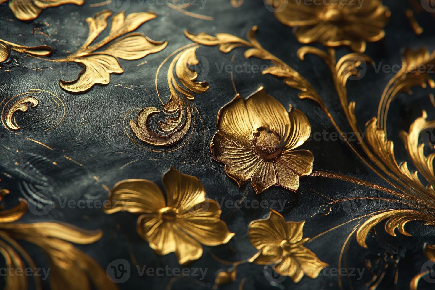 Intricate golden floral patterns on a dark background, showcasing elegance and craftsmanship in design. photo
