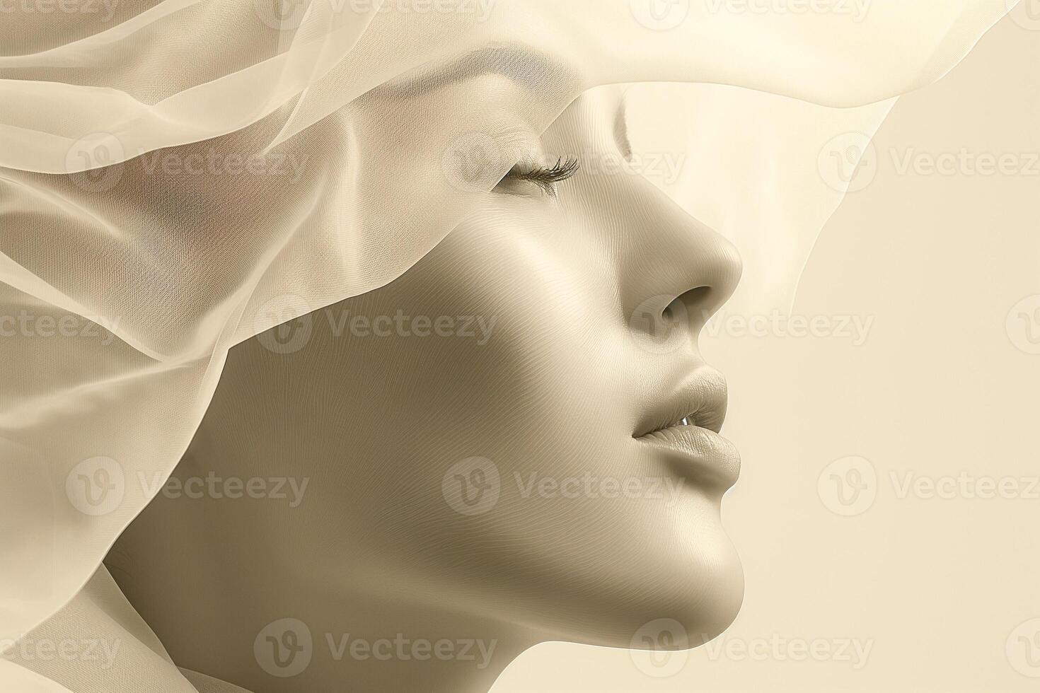 A serene profile of a female model with delicate features, partially veiled in soft, flowing fabric. photo