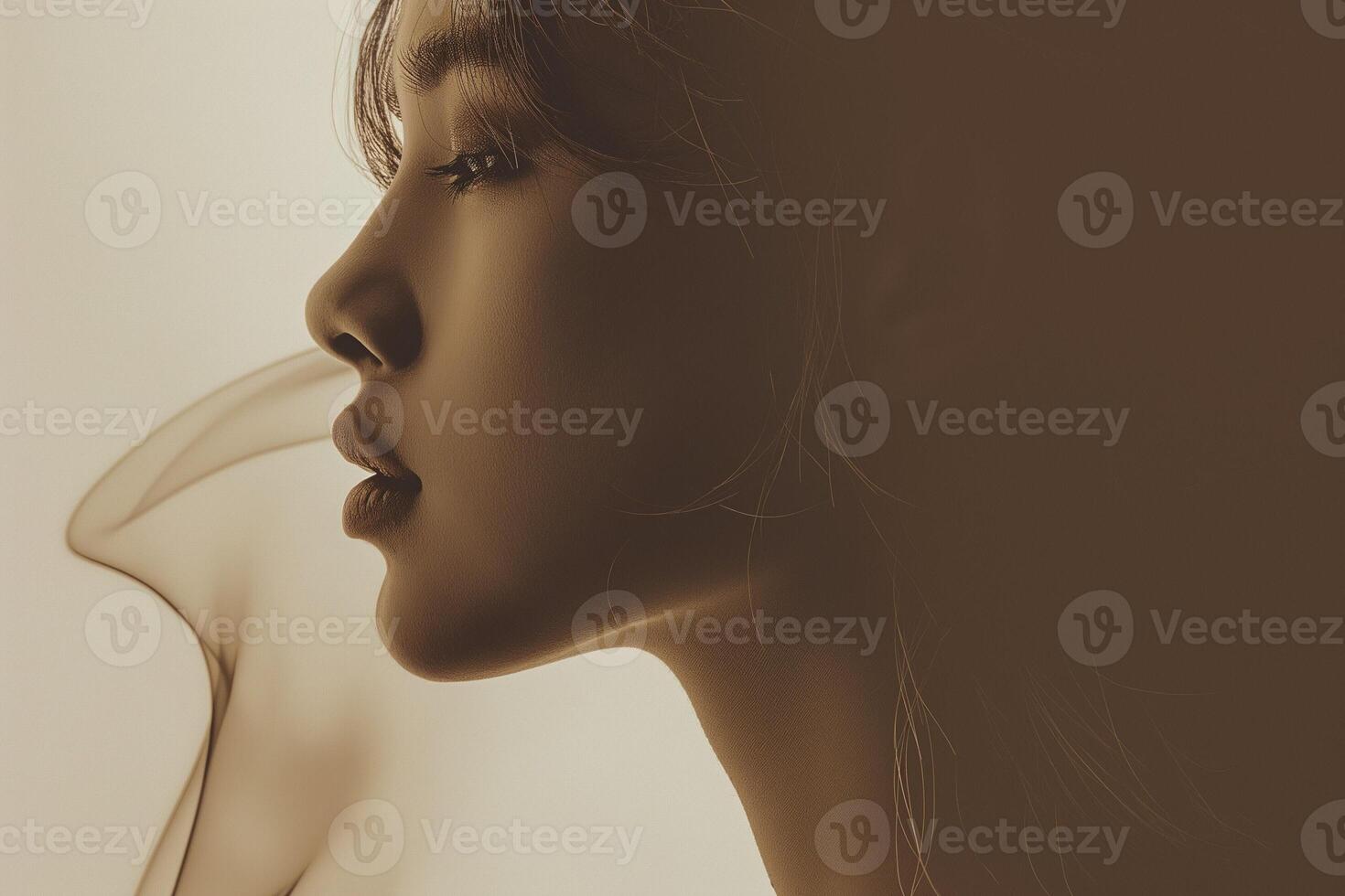 Profile portrait of a young Asian woman with soft, ethereal smoke swirling around her, creating a serene and dreamy atmosphere. photo