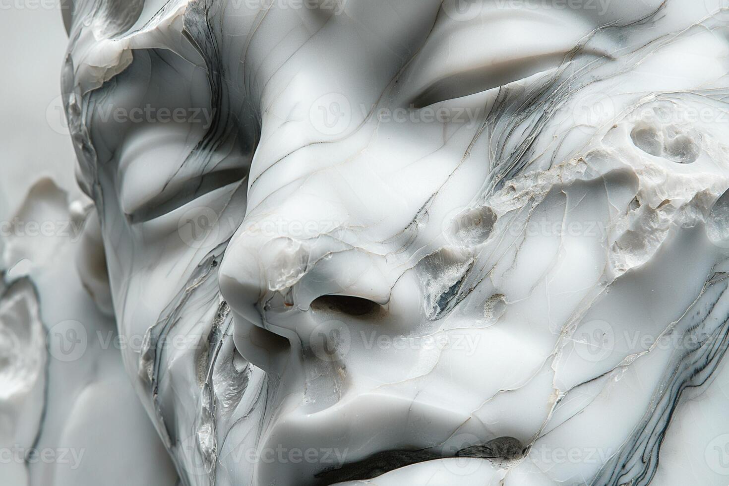 Close-up of a marble sculpture depicting a serene male face with intricate details and smooth textures. photo
