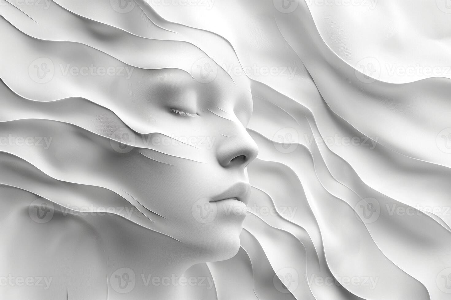 A serene female figure with flowing white textures, creating an ethereal and dreamlike atmosphere. photo
