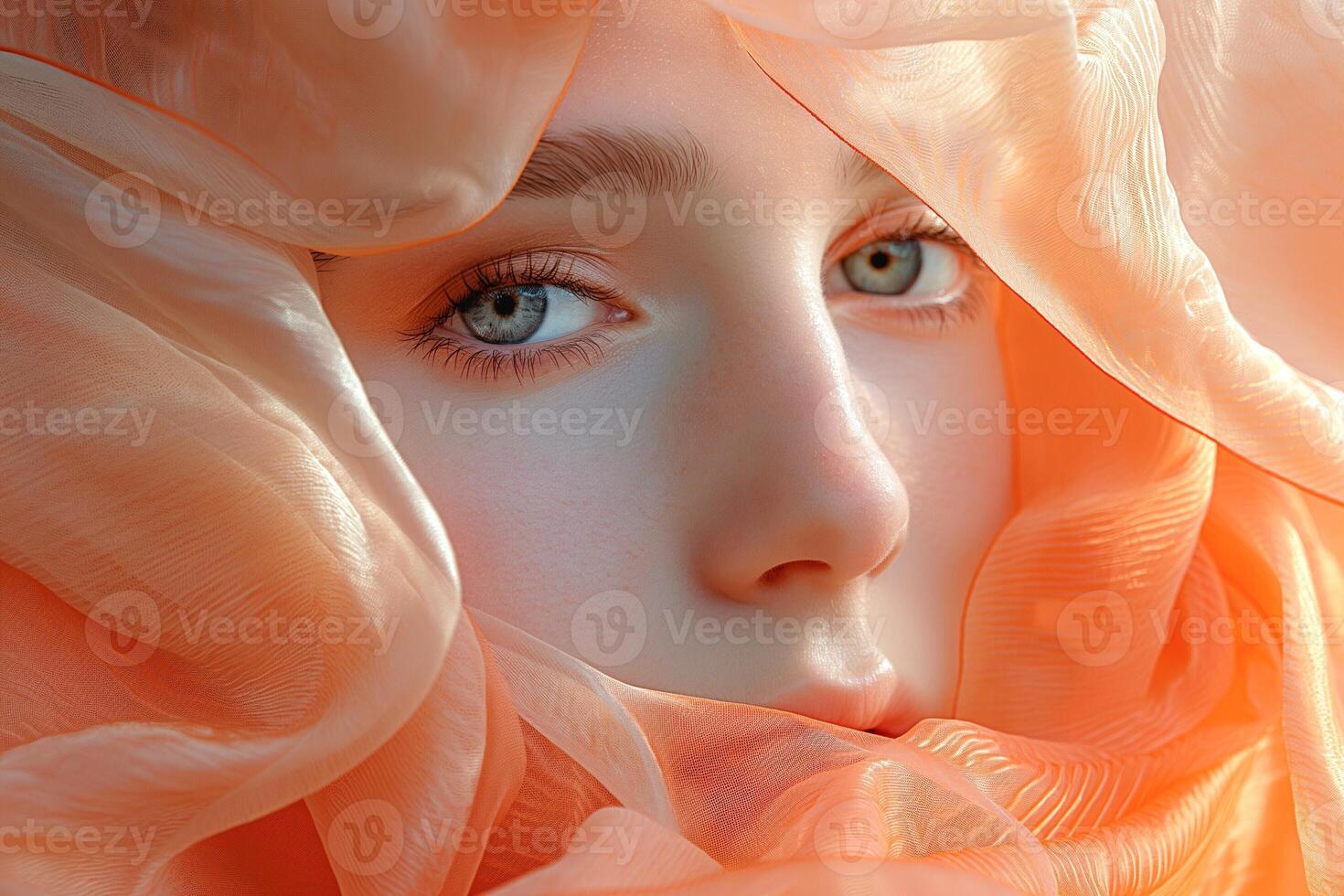A close-up portrait of a young woman draped in soft, peach-colored fabric, showcasing her striking blue eyes and serene expression. photo
