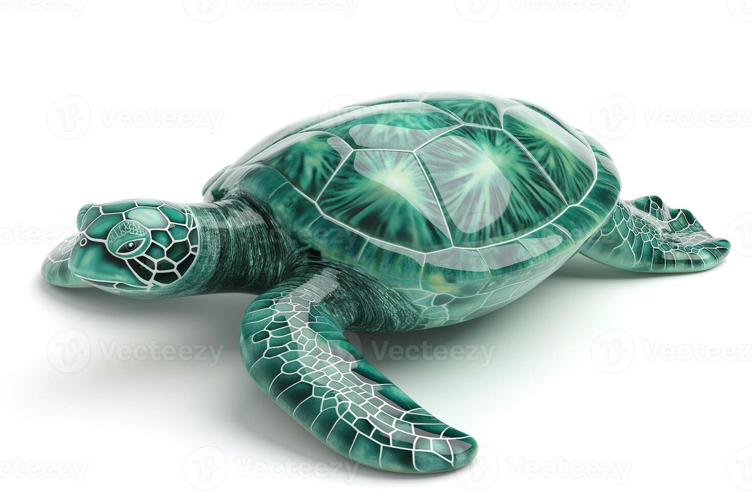 A vibrant, artistic green sea turtle sculpture with intricate patterns and textures, showcasing marine beauty. photo