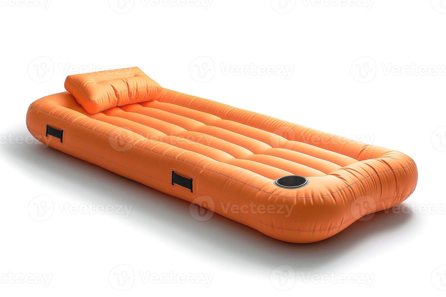 Bright orange inflatable mattress with a headrest, perfect for poolside relaxation or outdoor camping. photo