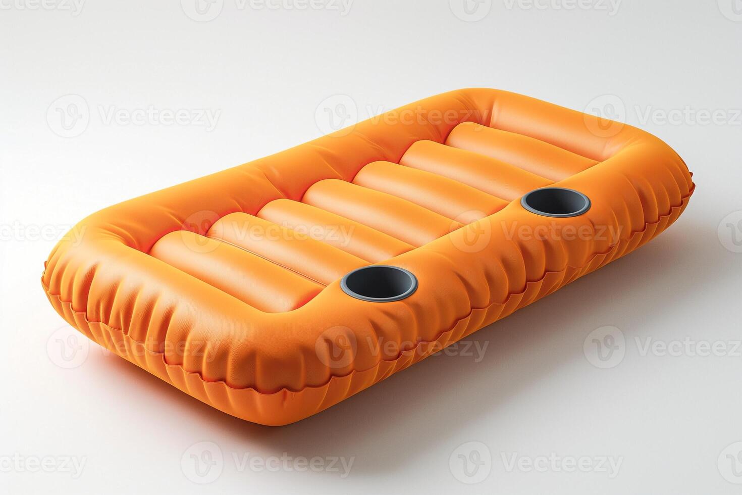 Bright orange inflatable lounge with cup holders, perfect for summer relaxation by the pool or beach. photo