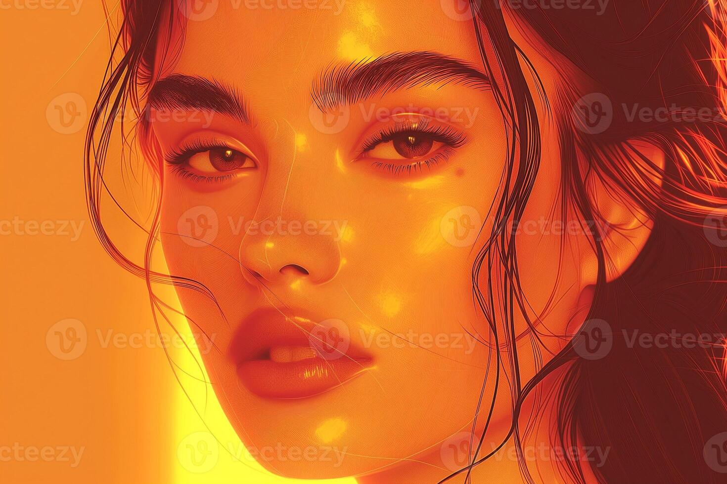 Portrait of a young woman with glowing skin, warm lighting, and expressive eyes, showcasing beauty and elegance. photo