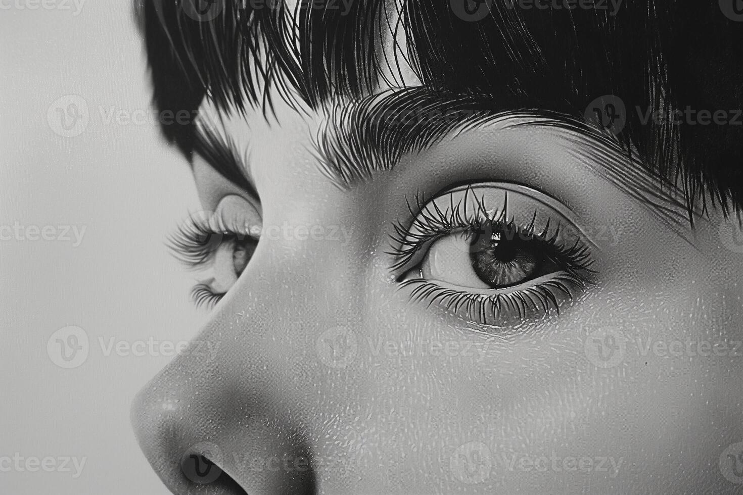 Close-up of a female face in grayscale, showcasing intricate details of the eyes and skin texture. photo