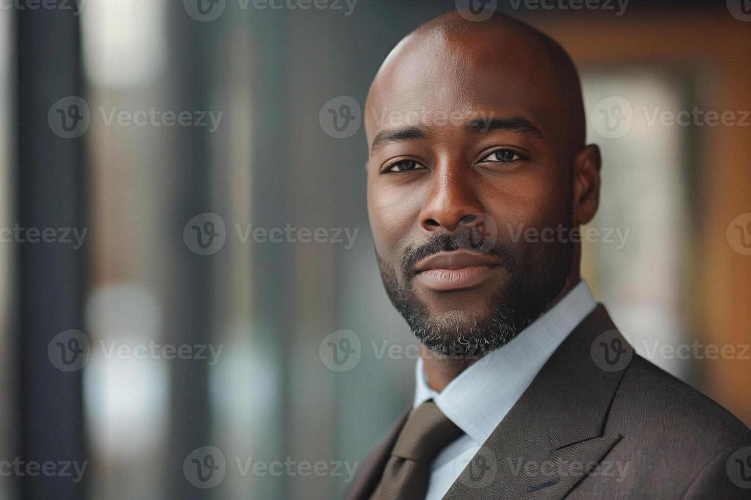 Confident African American man in a suit, exuding professionalism with a subtle smile in a modern indoor setting. photo
