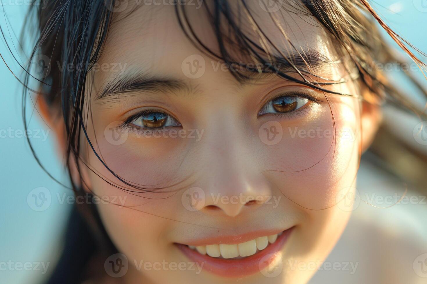 A joyful young Asian girl with wet hair smiles brightly, radiating happiness against a soft blue background. photo