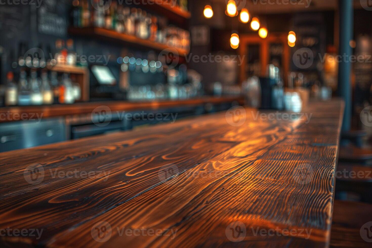 A warm, inviting bar counter made of rich wood with soft lighting, creating a cozy ambiance. photo