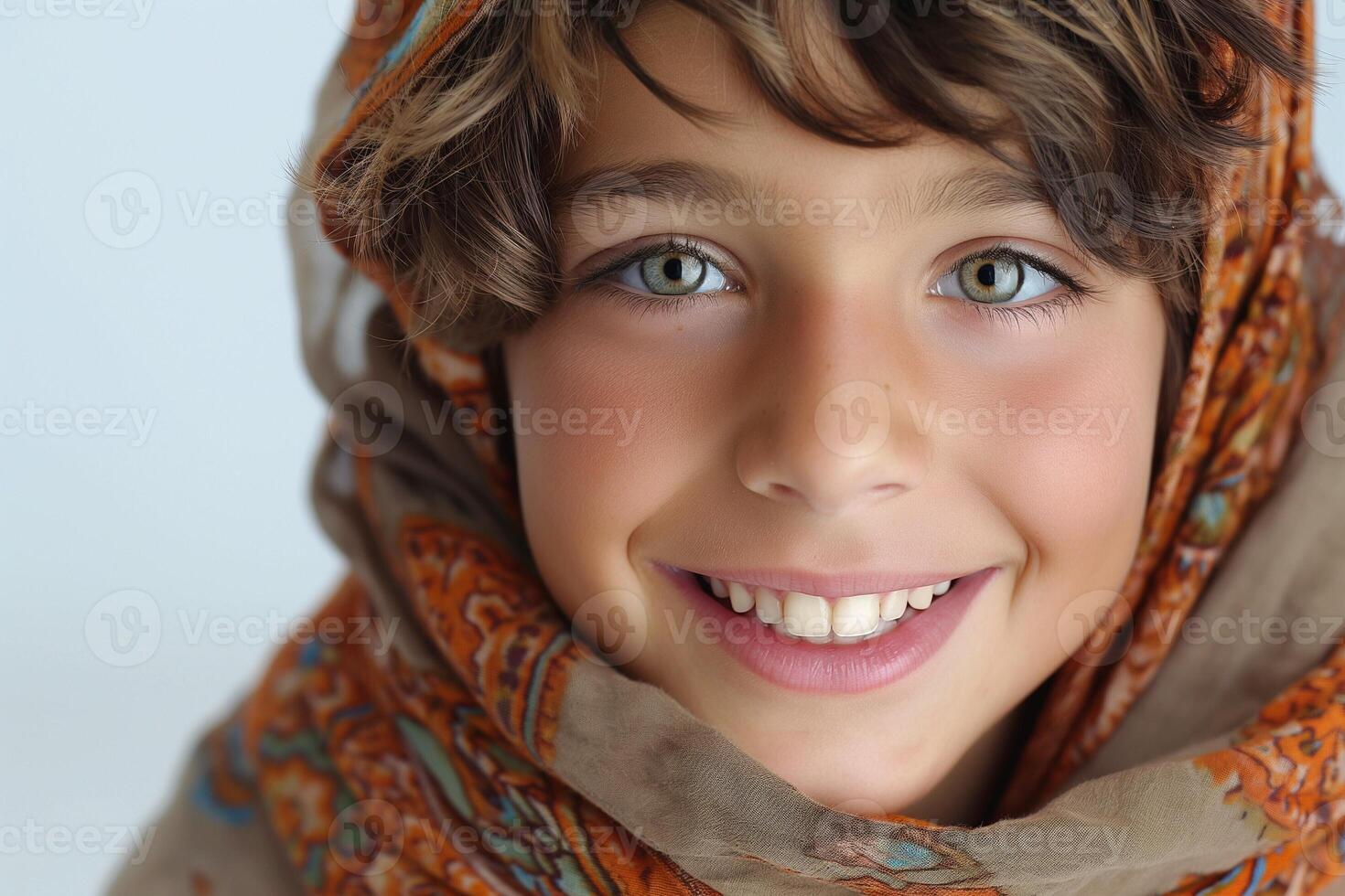 A smiling young boy with curly hair and bright green eyes, wearing a colorful scarf, radiating joy and warmth. photo