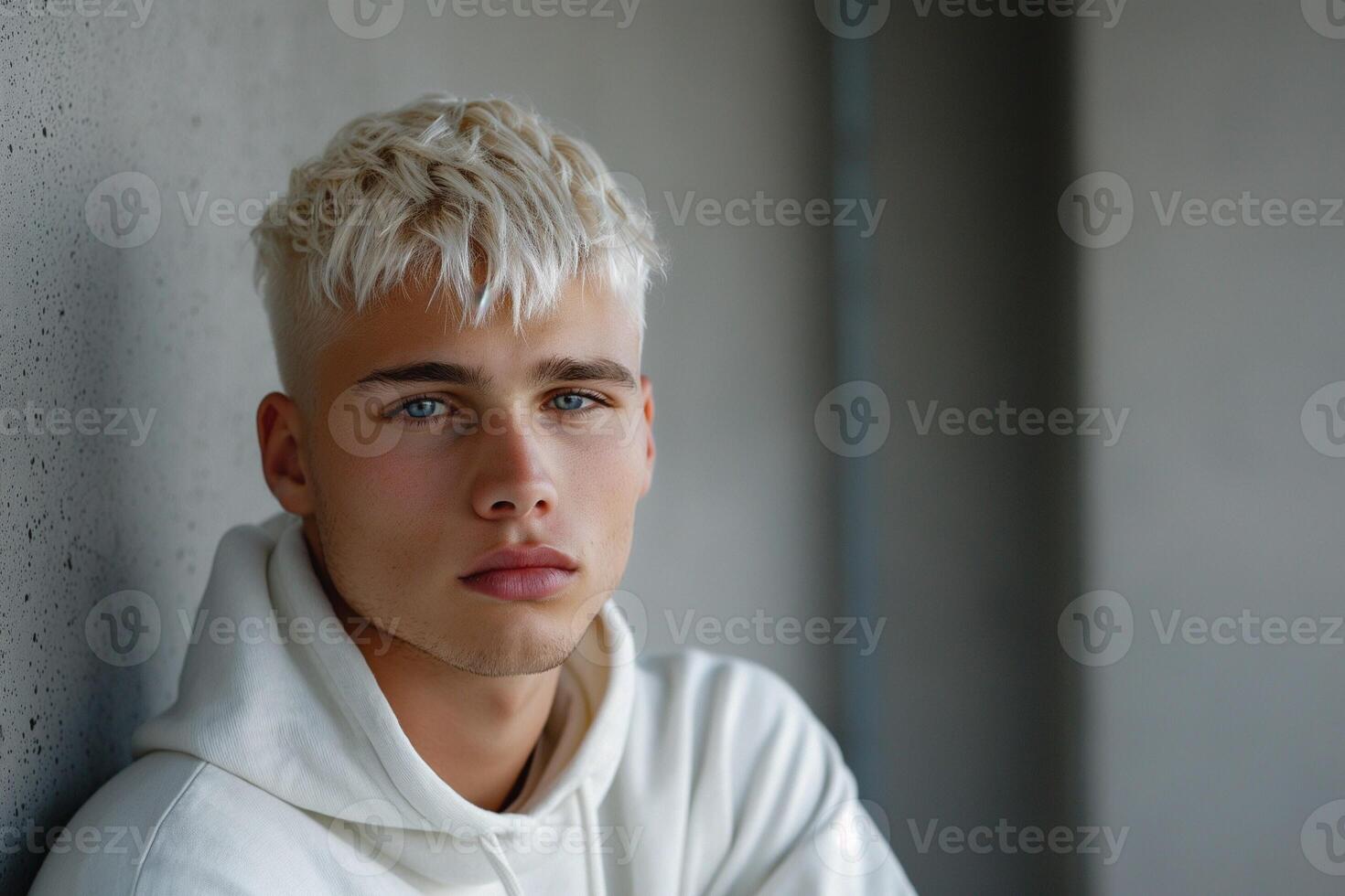 A young Caucasian male with platinum blond hair gazes thoughtfully into the distance, highlighting his striking blue eyes. photo