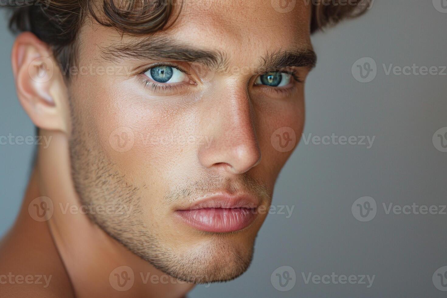 Close-up portrait of a young Caucasian man with striking blue eyes and tousled hair, exuding confidence and charm. photo