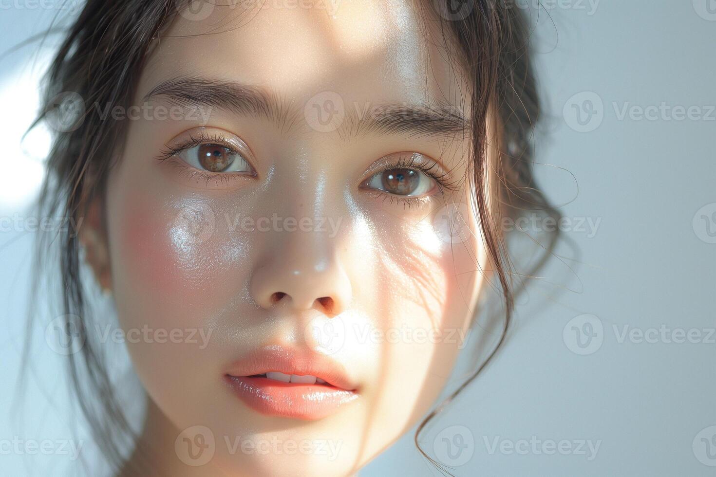 A young Asian woman with radiant skin and soft features, illuminated by gentle sunlight filtering through sheer fabric. photo