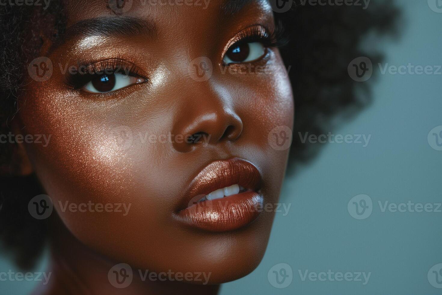 A close-up portrait of a young Black woman with radiant skin and shimmering makeup. photo