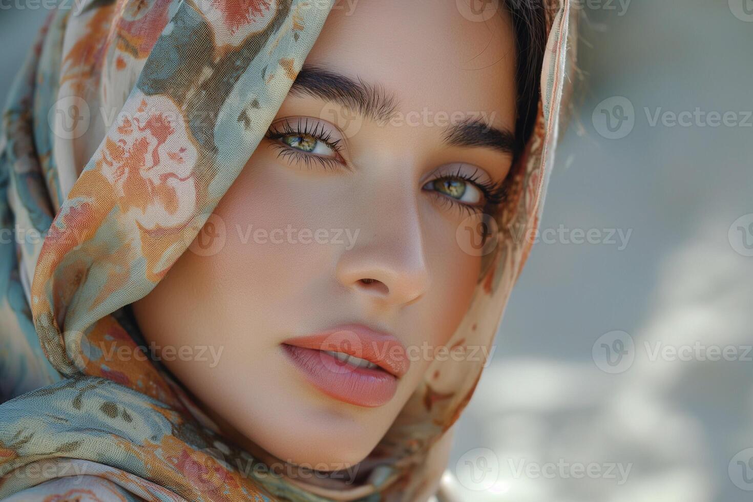 Young Middle Eastern woman with captivating green eyes wearing a floral headscarf, showcasing natural beauty and serenity. photo