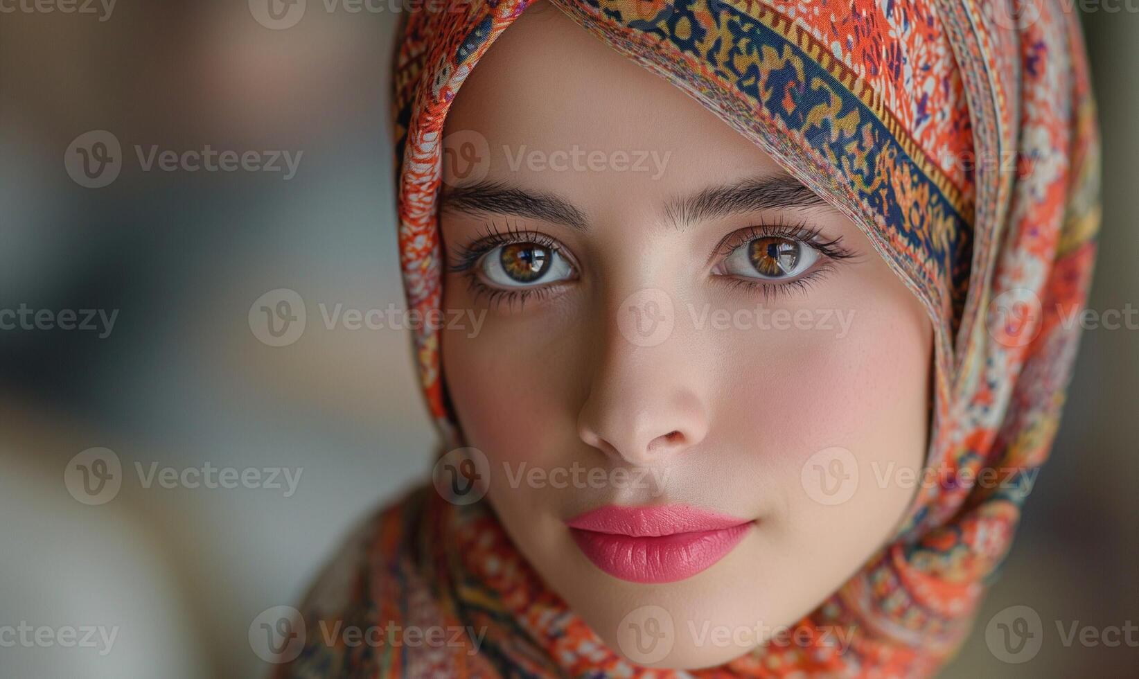 A young Middle Eastern woman with captivating brown eyes and vibrant hijab exudes beauty and confidence. photo