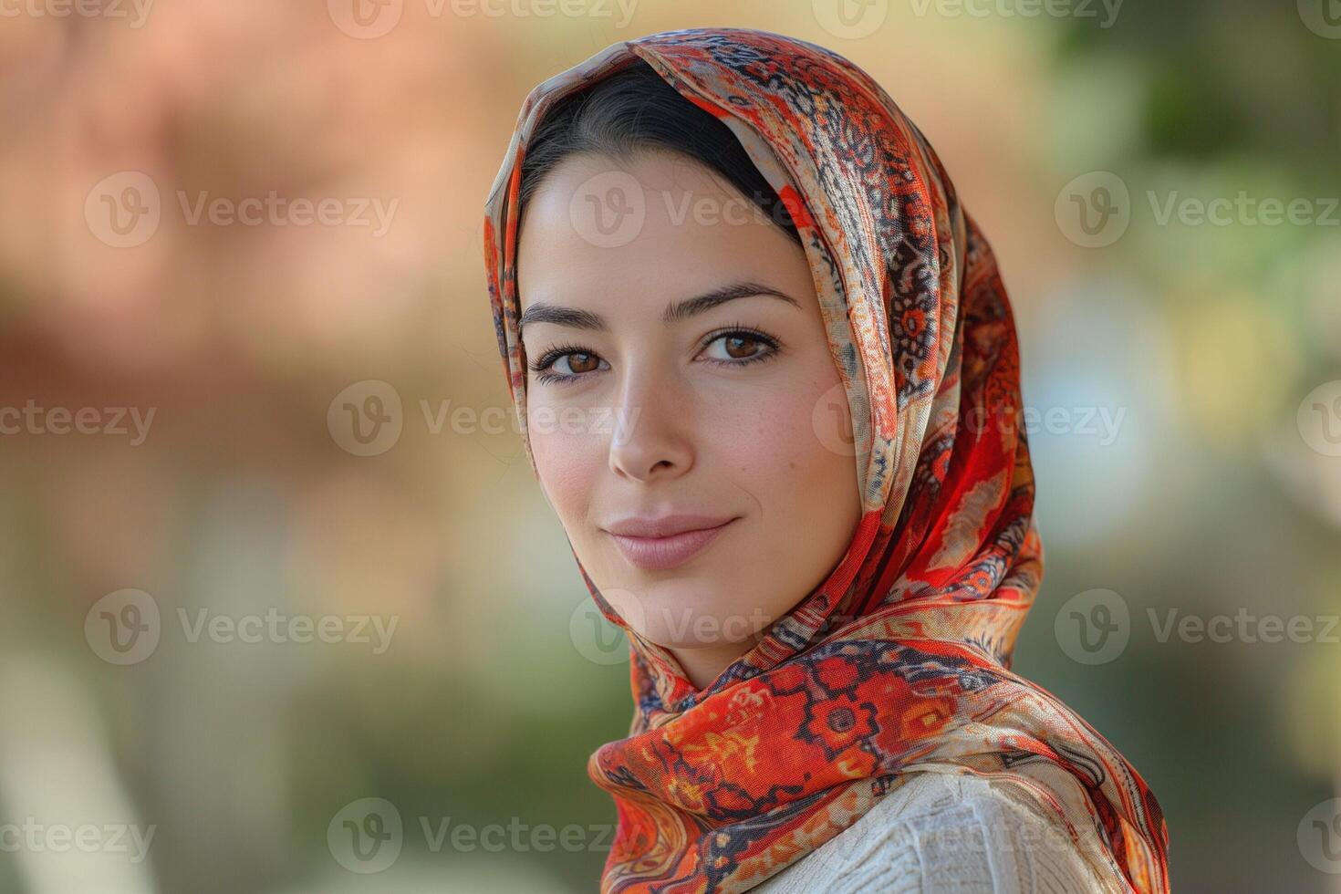 A young Middle Eastern woman with a serene expression, adorned in a vibrant red and orange patterned scarf. photo