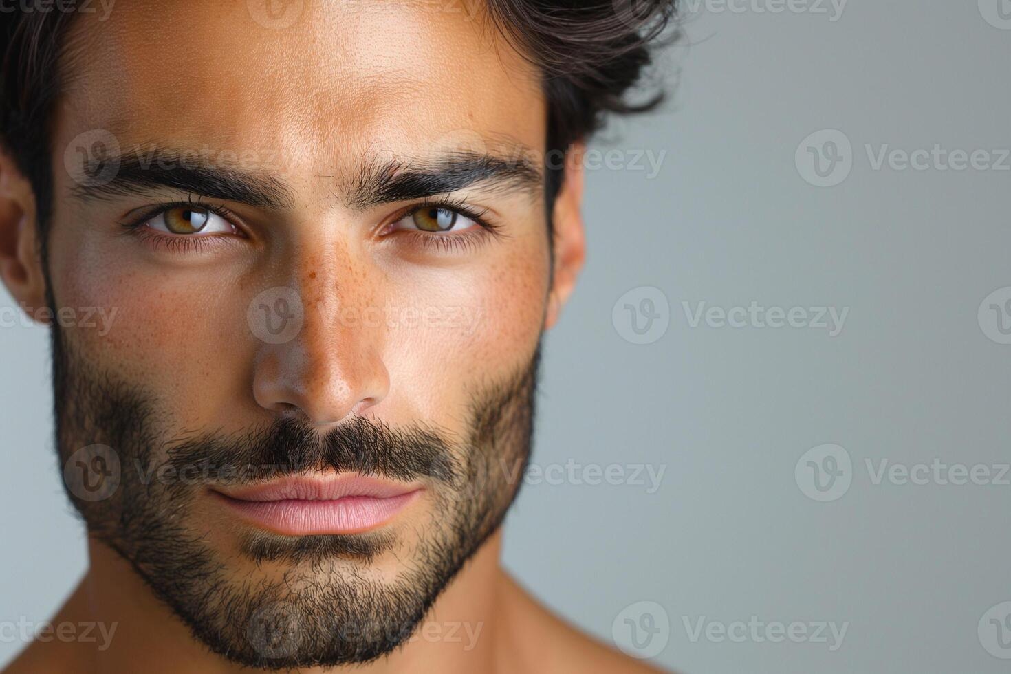 A striking portrait of a young South Asian man with a well-defined beard, showcasing confident expression and captivating brown eyes. photo