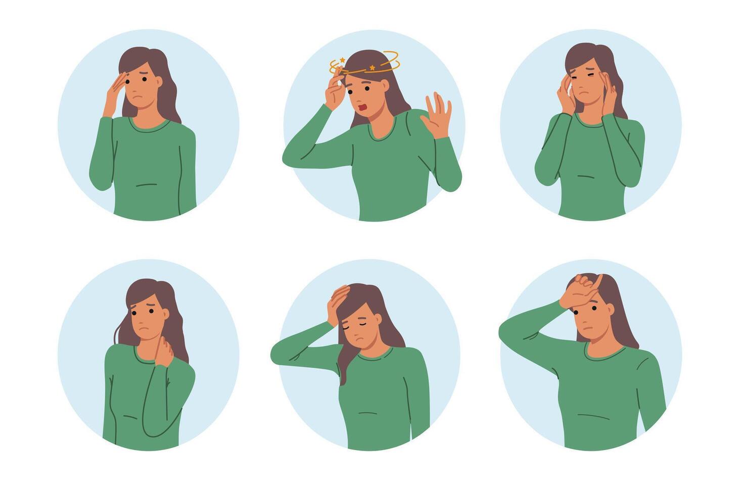 Tired woman feels dizzy or has headaches and migraines due to regular overexertion and lack of rest vector