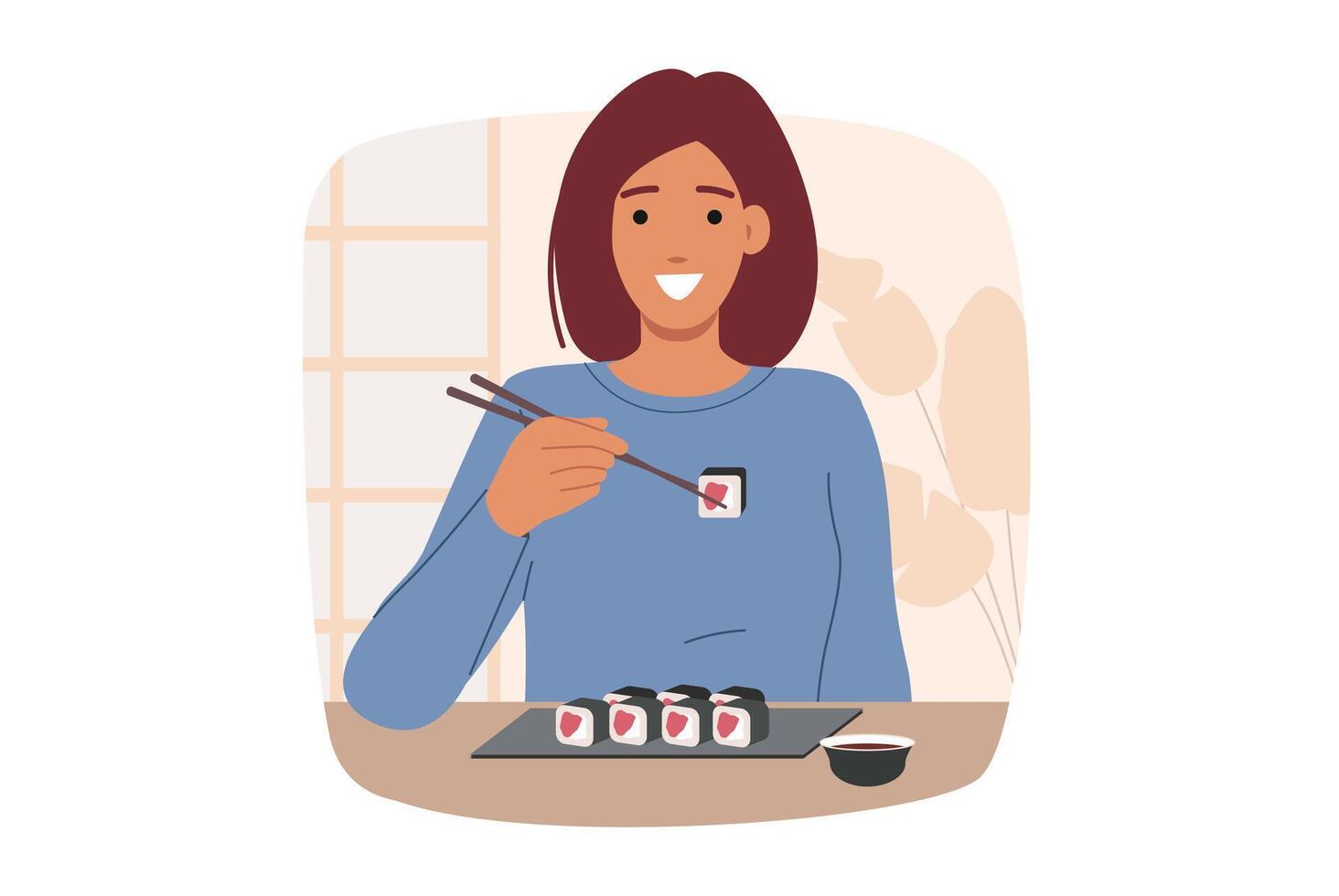 Woman eats maki rolls using chopsticks while sitting at table in oriental japanese restaurant vector