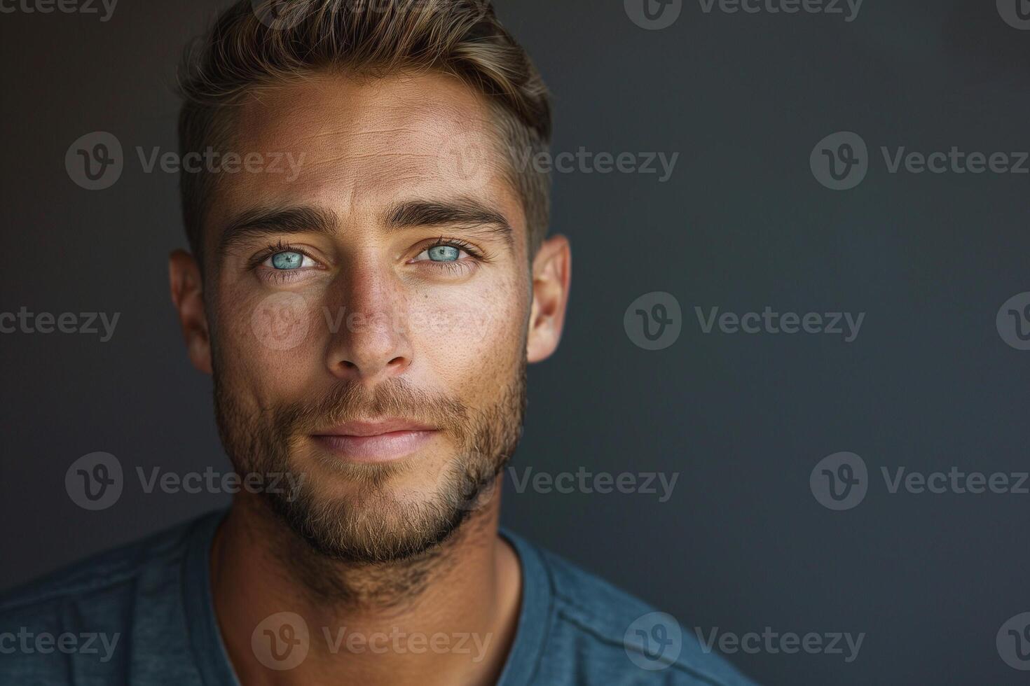 Close-up portrait of a handsome Caucasian man with striking blue eyes and a well-groomed beard. photo