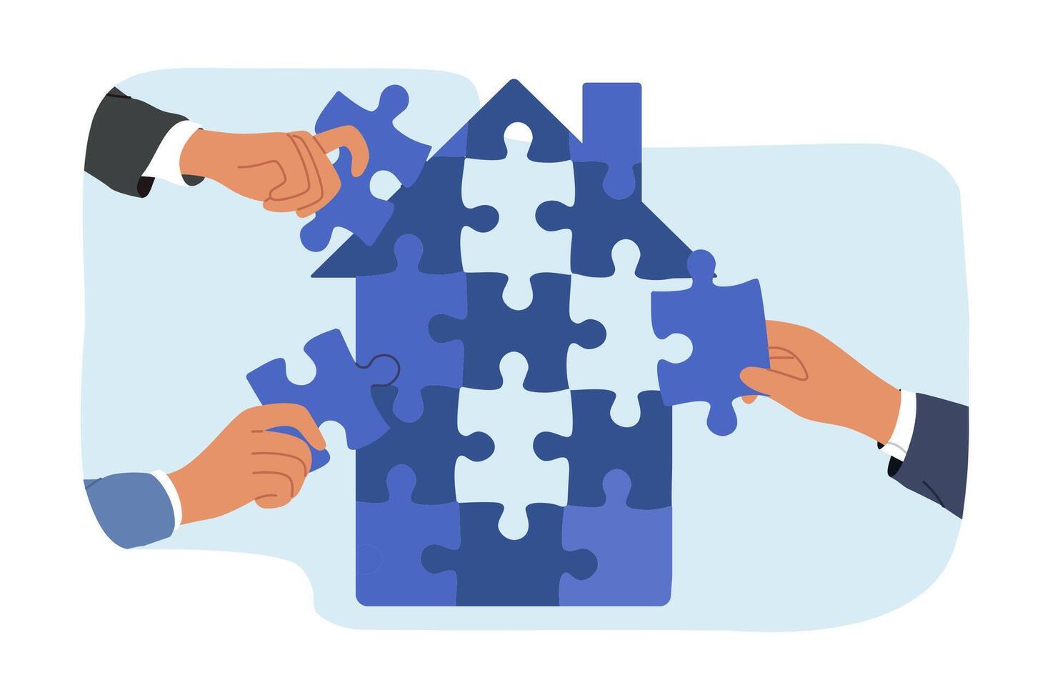 Hands of investors using reid investments to buy real estate and assembling house from puzzle vector