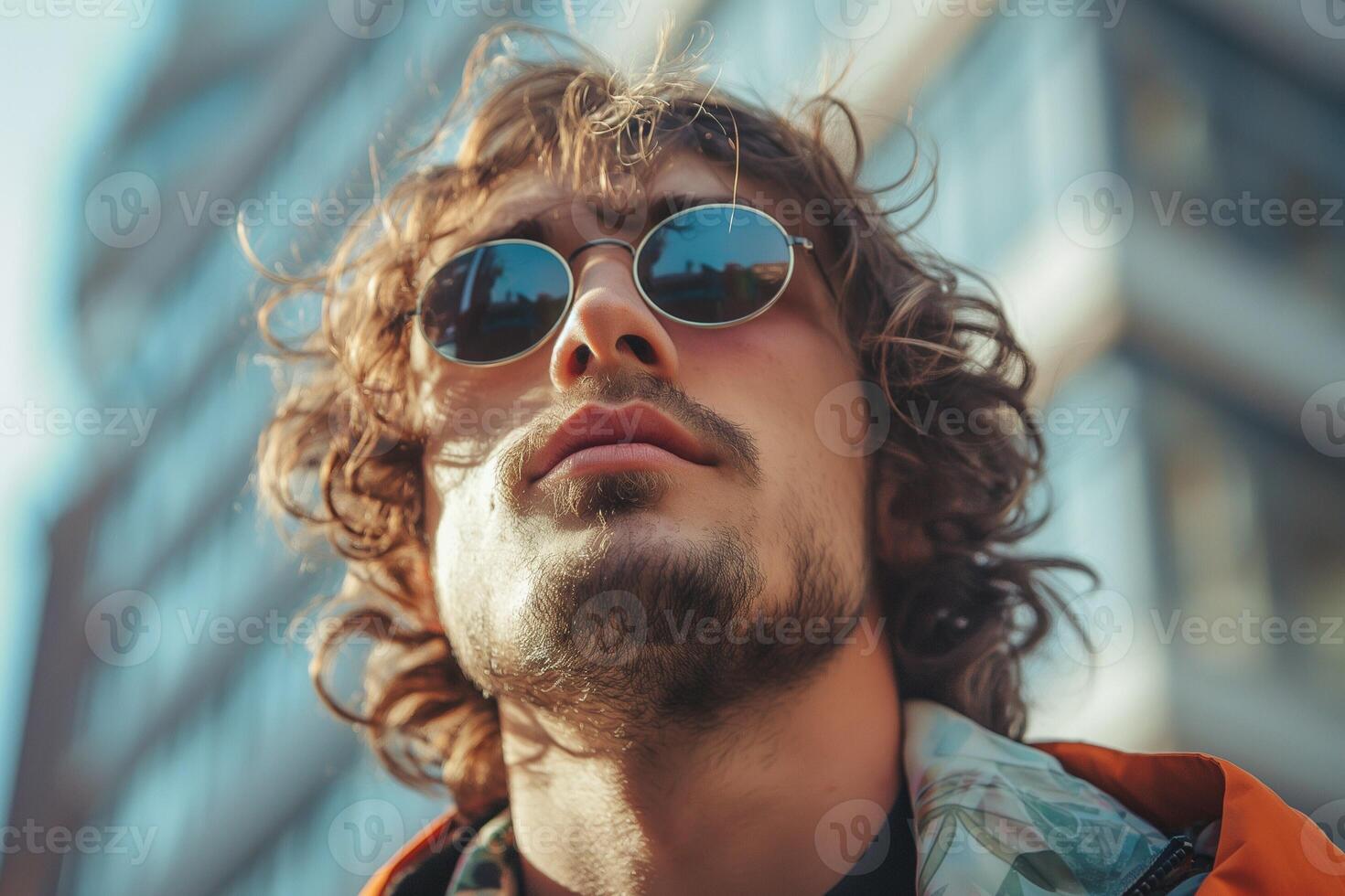Young Caucasian man with curly hair and sunglasses gazing upwards against a modern urban backdrop. photo