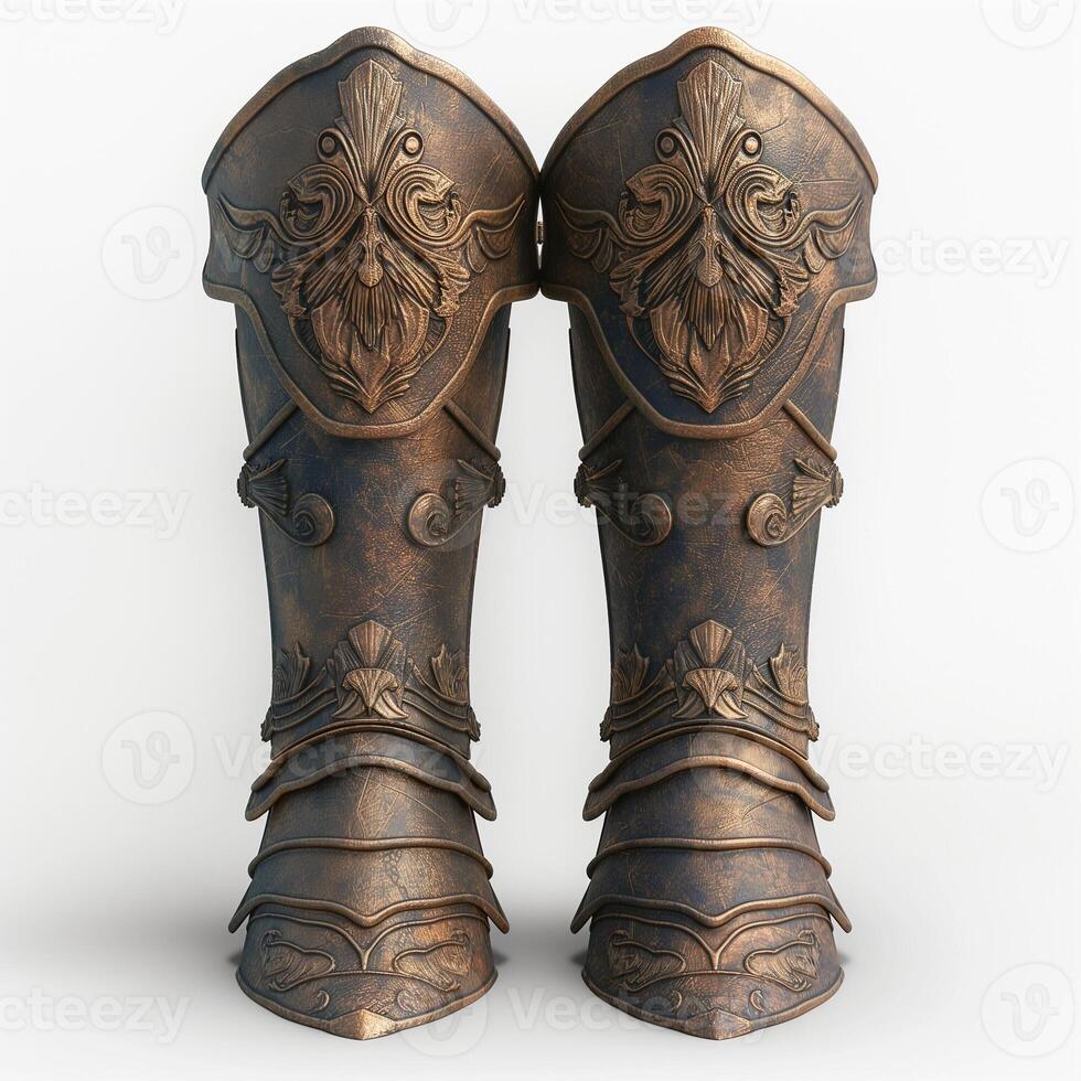 Intricately designed bronze shin guards showcasing elegant patterns, perfect for a warrior's ensemble or fantasy costume. photo