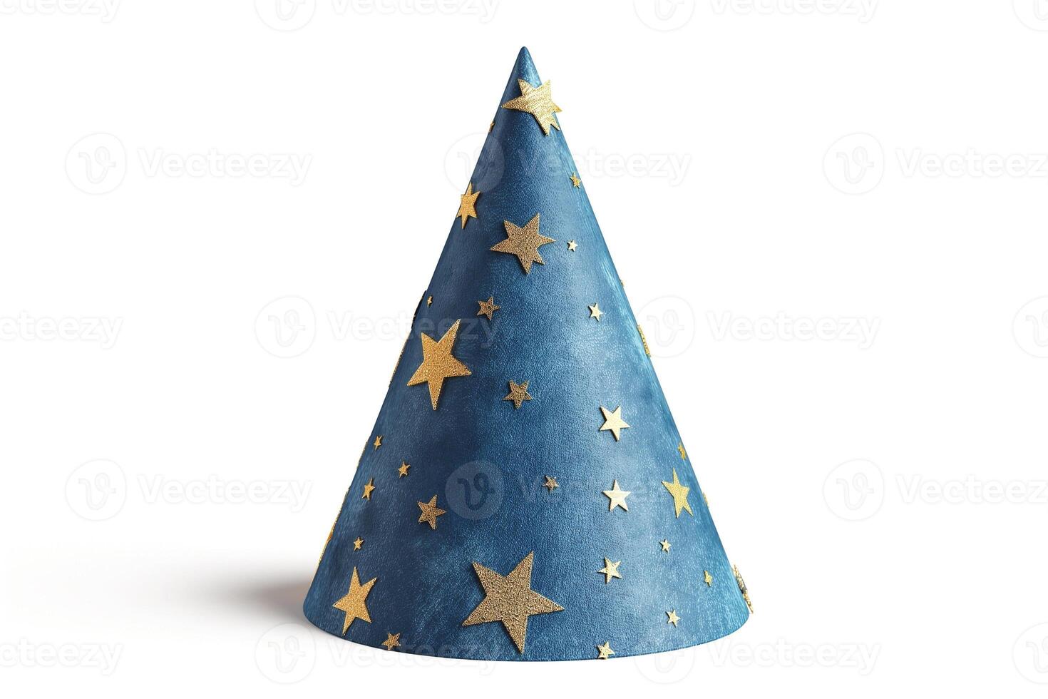 A whimsical blue party hat adorned with golden stars, perfect for celebrations. photo