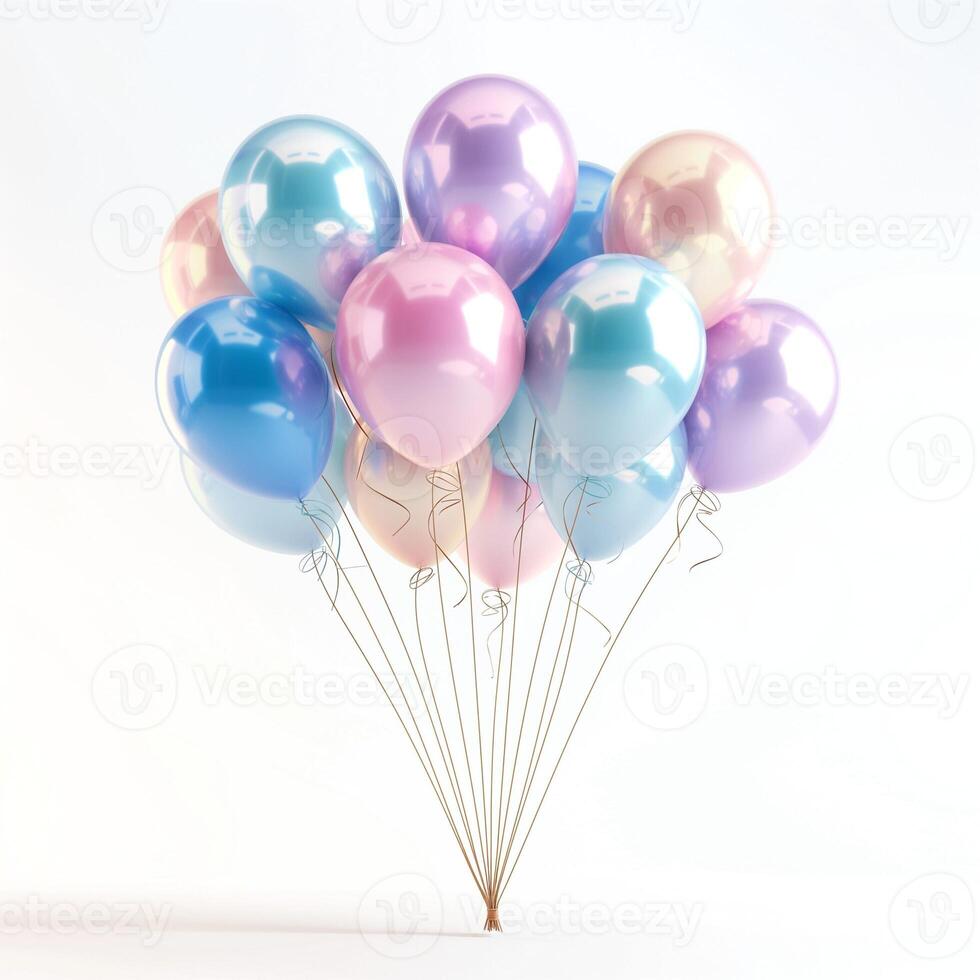 A colorful assortment of metallic balloons in pastel shades of pink, blue, and lavender, perfect for celebrations. photo