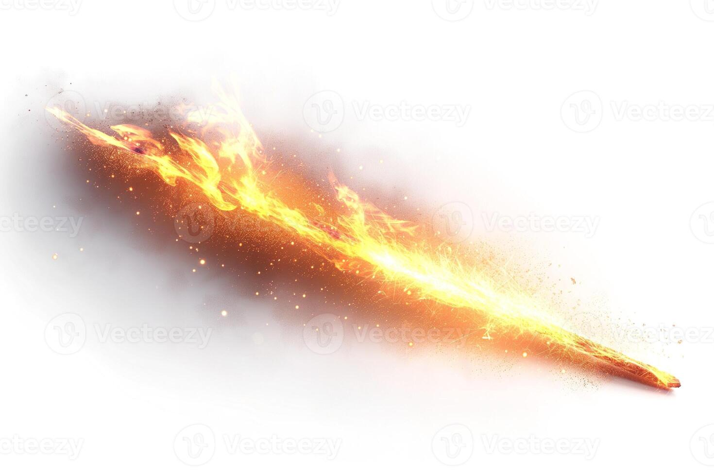 Dynamic fiery streak on a white background, resembling a magical effect or explosive movement. photo