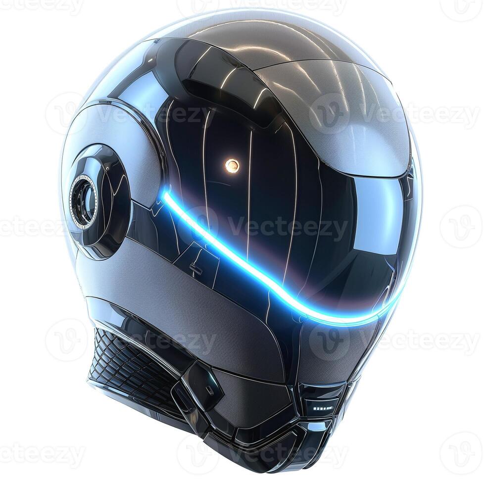 Futuristic robotic helmet with sleek design and glowing blue accents, emphasizing advanced technology and innovation. photo