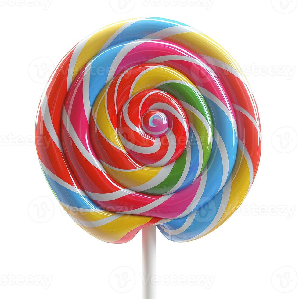A vibrant, colorful swirl lollipop featuring red, blue, yellow, and green stripes on a white stick. photo