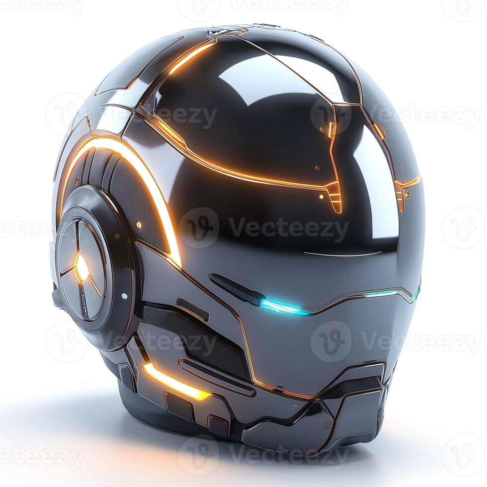 Futuristic black and orange helmet with sleek design and glowing accents. photo