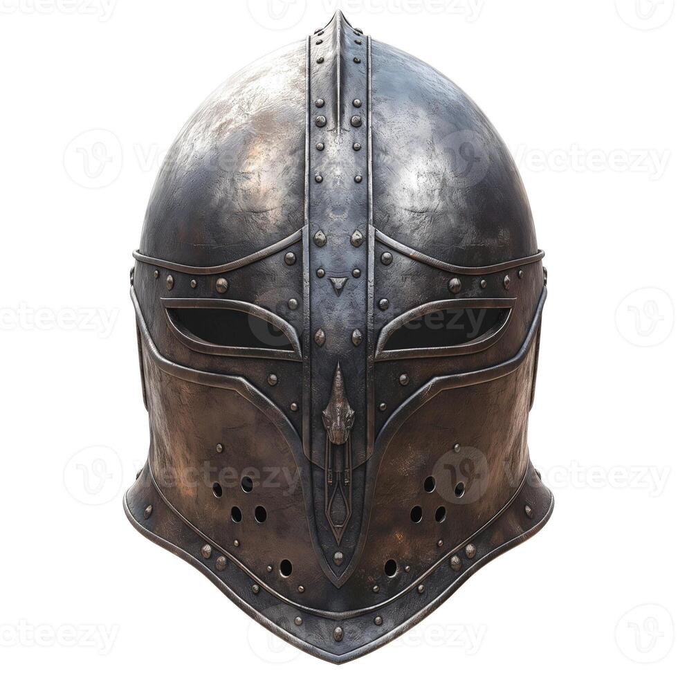 Detailed medieval knight's helmet crafted from polished metal. photo