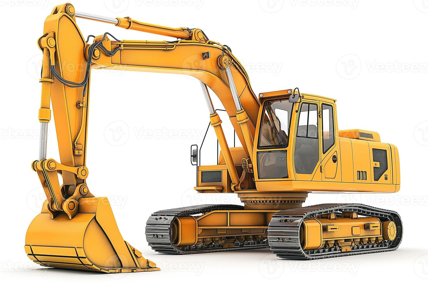 A powerful yellow excavator with an articulated arm, ready for construction work. photo