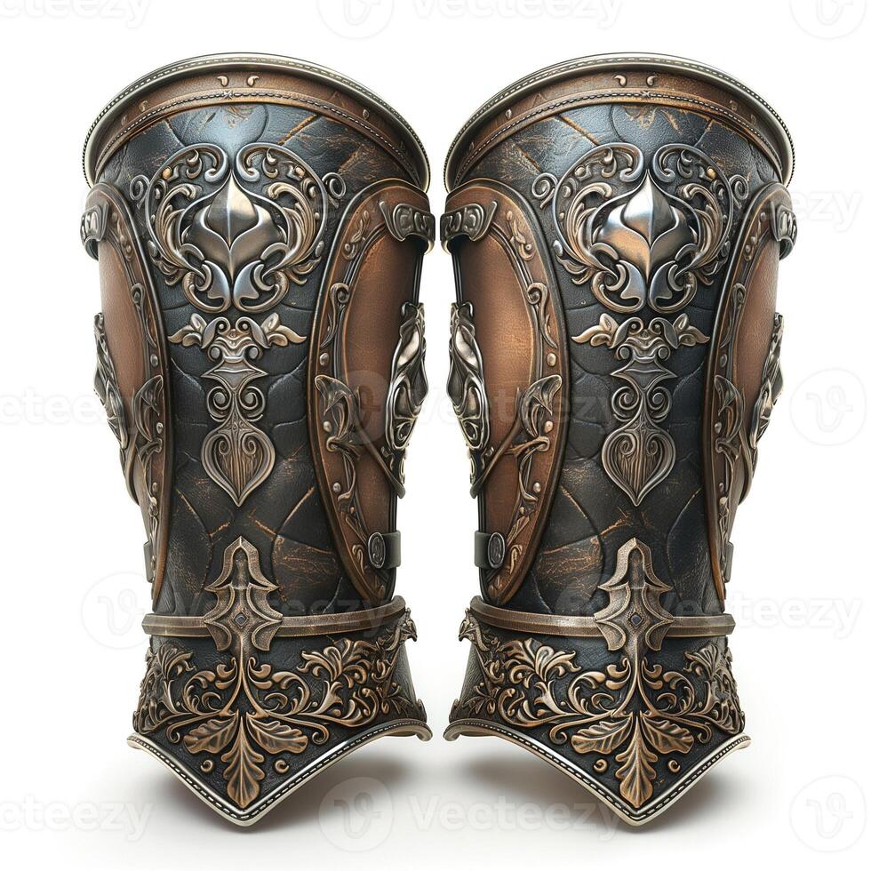 Intricate bronze and metal patterned shin guards with ornate detailing, showcasing craftsmanship and artistry. photo