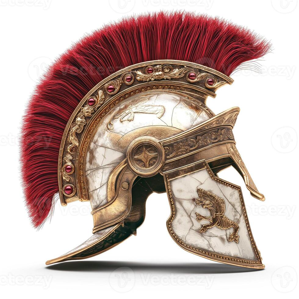 A stunning Roman gladiator helmet featuring intricate detailing and a vibrant red plume. photo