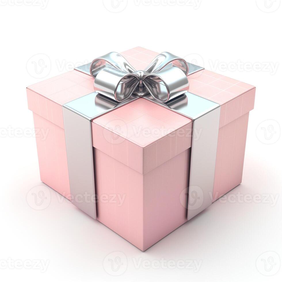 A beautifully wrapped pink gift box with a shiny silver bow, perfect for any occasion. photo
