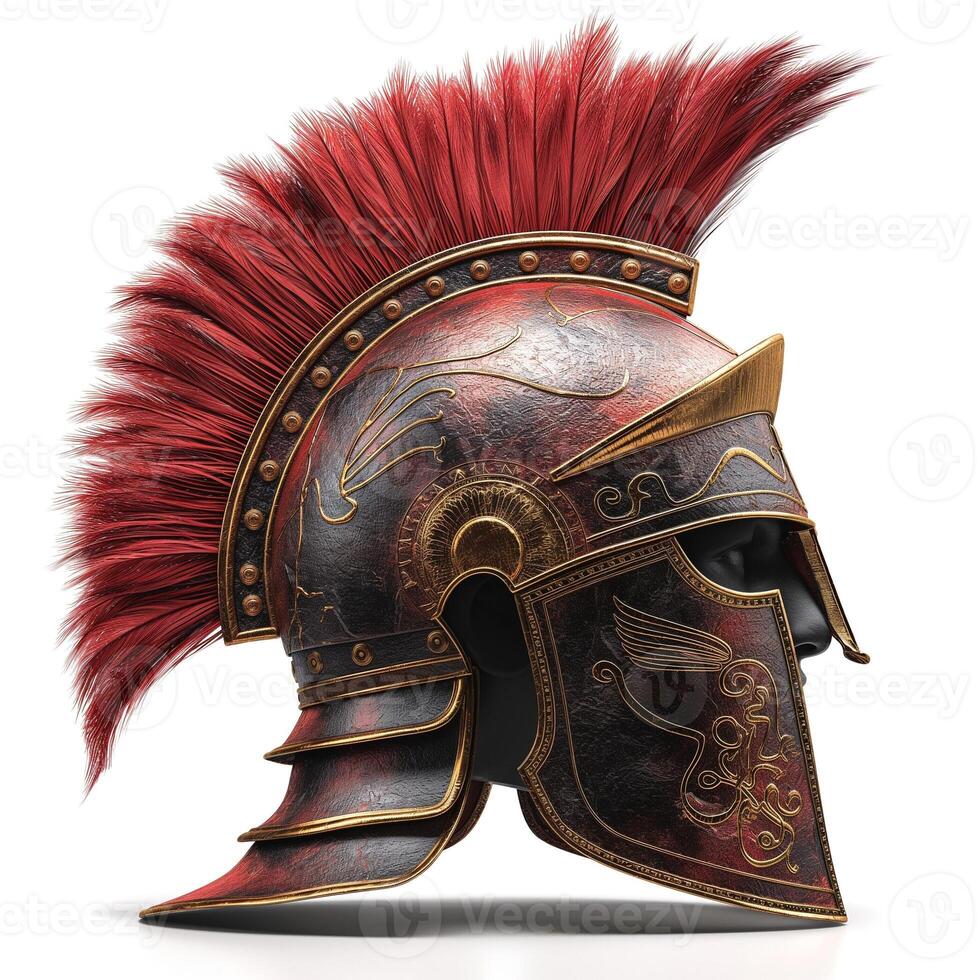 A striking, intricately designed Roman gladiator helmet with a vibrant red plume, showcasing historical craftsmanship. photo