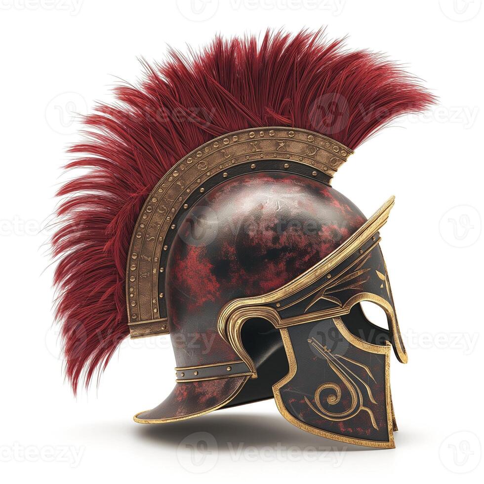 A detailed Roman gladiator helmet showcasing vibrant details and a striking red mohawk crest. photo