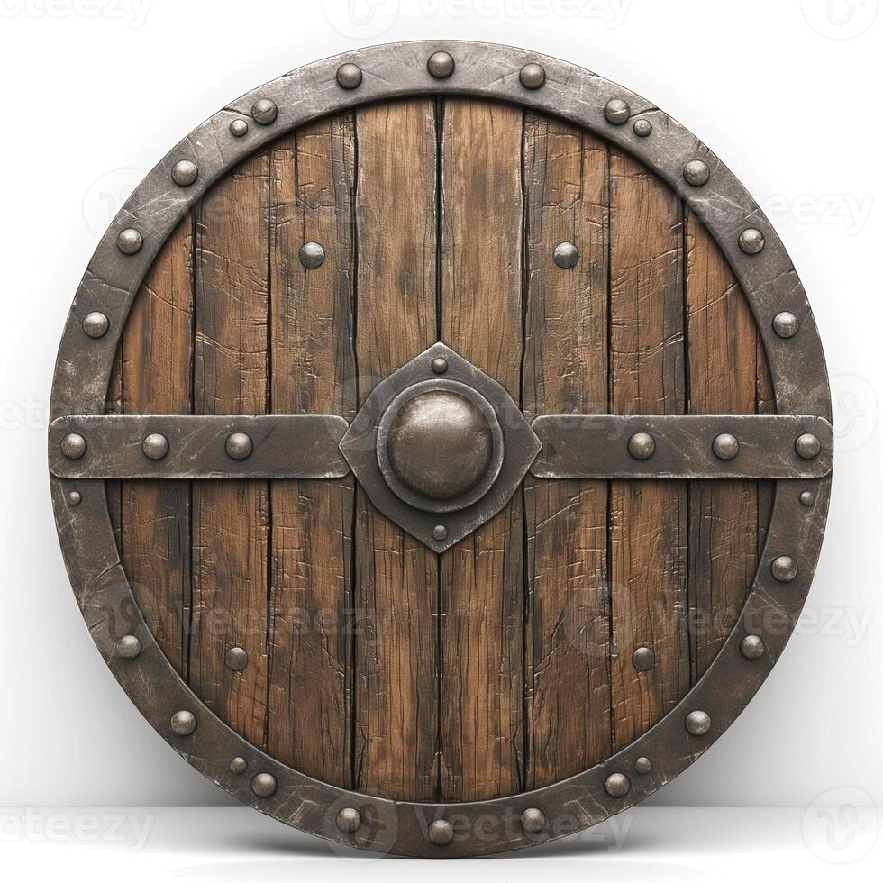 A rustic wooden shield featuring detailed metal accents, perfect for medieval themes. photo