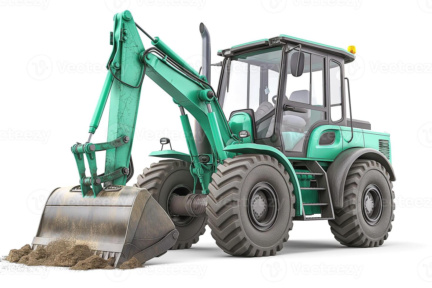 A modern green backhoe loader with a bucket full of dirt, ready for construction work. photo