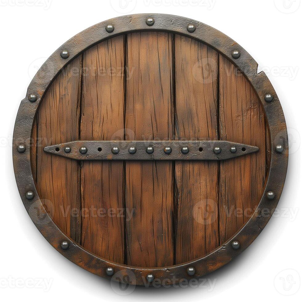 A sturdy, round wooden shield with a weathered finish, showcasing a rustic and medieval design. photo