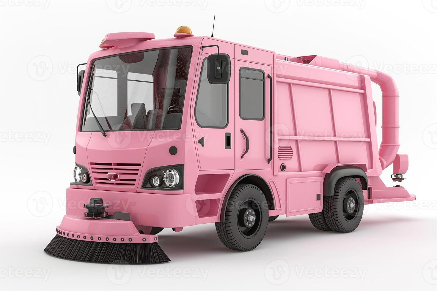Pink street sweeper vehicle showcasing a unique design with a vibrant color scheme. photo