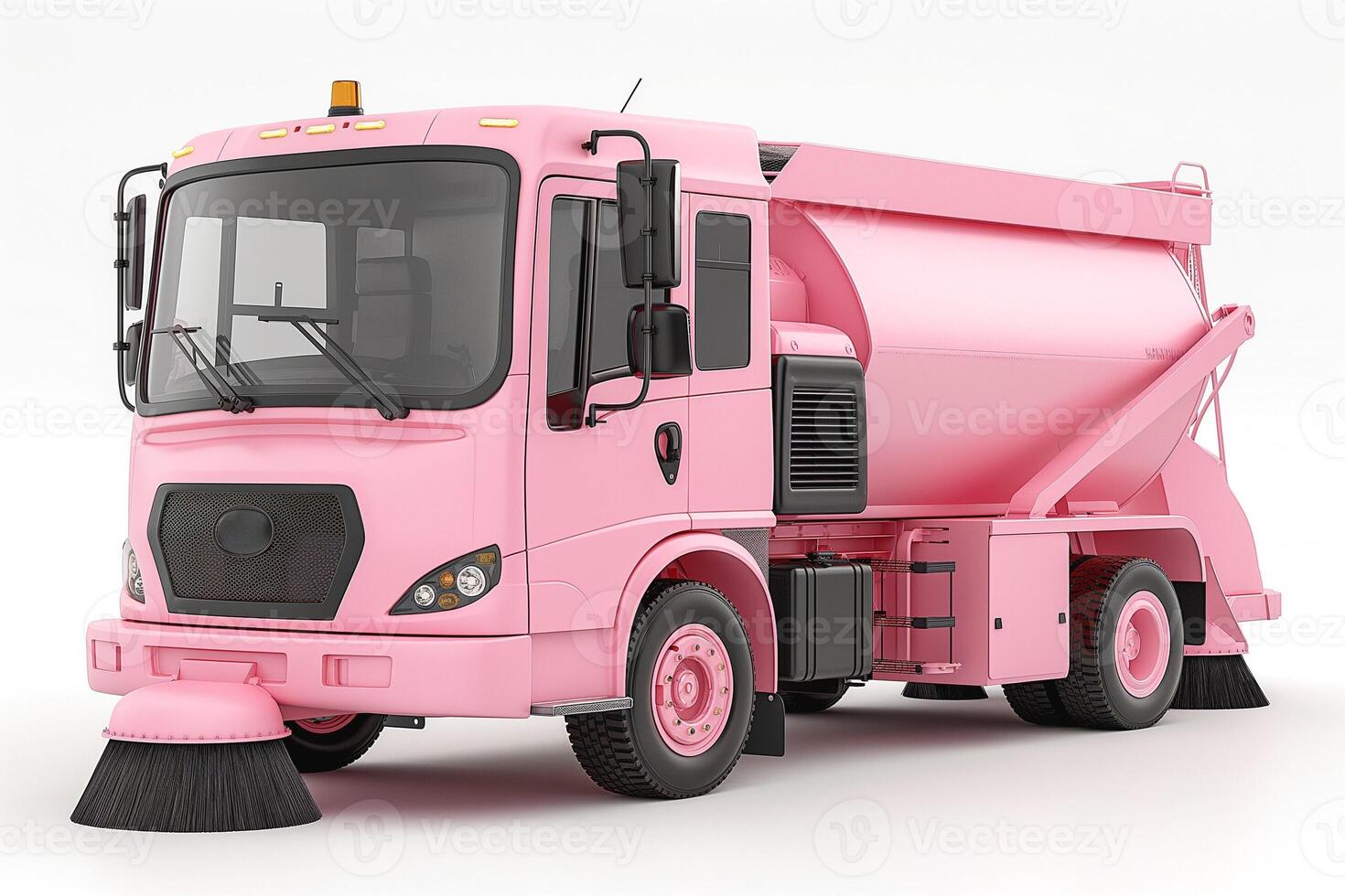 A vibrant pink street sweeper truck parked against a clean white background. photo
