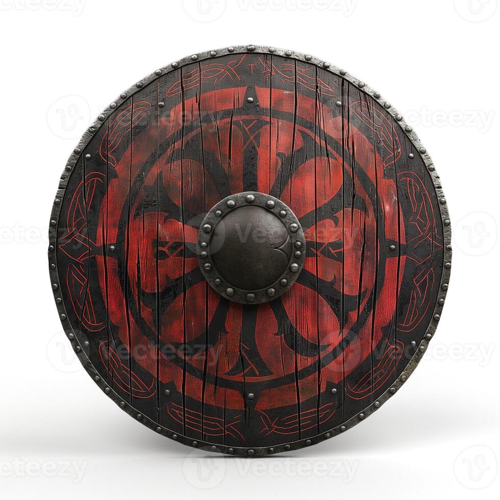 A detailed medieval shield with intricate red and black designs, showcasing craftsmanship and historical significance. photo