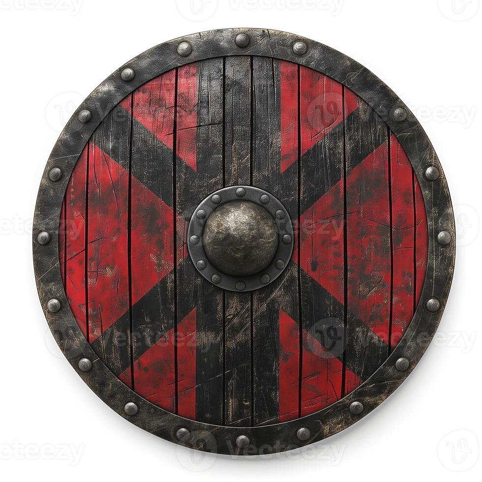 A detailed wooden shield featuring a striking red and black design, symbolizing strength and durability. photo